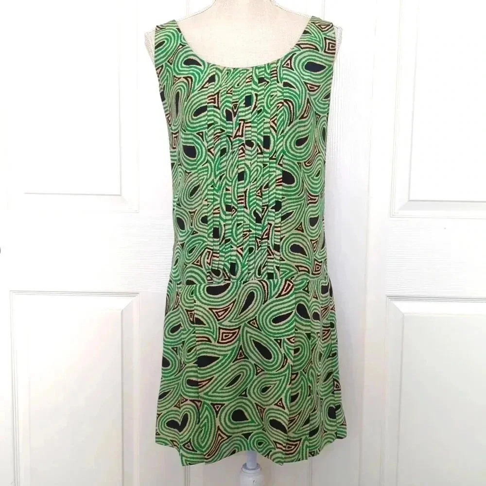 Laundry Design Womens Green and Black Silk Mod Drop Pleated Waist Dress